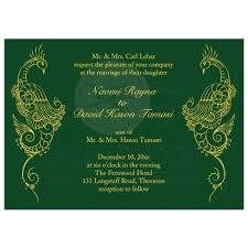 The second has deep emerald green background and gold glitter texts and details. Wedding Invitation Elegant Mehndi Peacock In Green