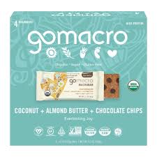 Butter and vegan dark chocolate chips are combined in this delicious protein bar reminiscent of your favorite candy bar. Gomacro Macrobar Coconut Almond Butter Chocolate Chips Bars 4 Ct 2 3 Oz Ralphs
