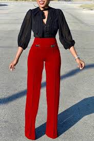 Elegant High Waist Pure Colour Straight Pants Red High Waisted Pants High Waisted Pants Outfit Red Pants Outfit