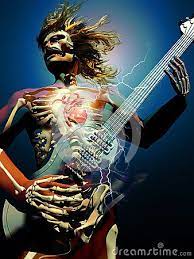 Guitarist Seen In Transparency With His Skeleton And His Heart Throwing Flashes Of Lightning Whereas He Plays His Heavy Metal Art Skull Art Drawing Badass Art