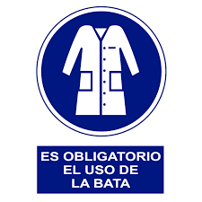 Señales de obligación laboratorio Perú NTP, mostrando el uso obligatorio de bata, guantes y gafas en la zona de mesada química.