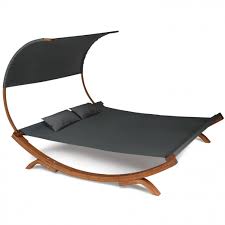 Lit de jardin en résine par atmosphera. Lit De Jardin Exterieur En Bois Toile Grise 2 Places Avec Auvent Id Market
