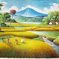 Gambar tersebut mengabadikan pemandangan sungai dan alam disekitarnya seperti pepohonan, jembatan, hingga pegunungan. Lukisan Pemandangan Alam Pegunungan Dan Panen Padi Yang Sangat Indah Shopee Indonesia