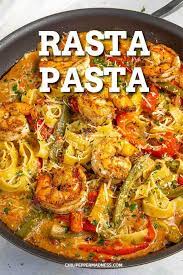 Rasta Pasta With Shrimp This Rasta Pasta Recipe Gives Italian Pasta A Jamaican Spin With Creamy Coconut Milk Lo Unique Pasta Recipes Jamaican Dishes Recipes