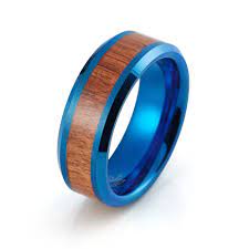 Koa Wood Ring Blue Wedding Ring Tungsten Carbide Mens Wedding Ring 8mm Koa Wood Band Man Engageme Blue Tungsten Ring Tungsten Wedding Bands Tungsten Mens Rings