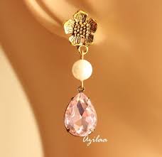 Light Pink Antique Gold Tone Crystal Glass Handmade Earrings At 1200 Azilaa