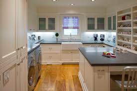 Notice how the doors from the desk cabinets have been removed. Laundry Craft Room Houzz