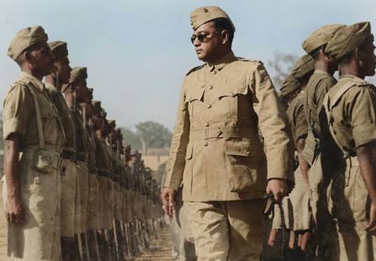 Netaji Subhas Chandra Bose Reviewing the Troops of the Azad Hind Fauj (Indian National Army)— c. 1943–45. After assuming leadership of the Indian National Army (INA) in 1943, Netaji Subhas Chandra Bo