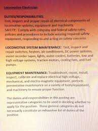 Job Description For Locomotive Electrician Electrician Career Opportunities Commercial Electrician