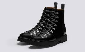 Black Boots White Sole Mens Ski Boot In Black Colorado Leather And Black Suede With A Commando Sole Brady Grenson Shoes Three Quarter View Boots Boots Men Shoes Mens