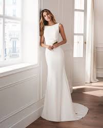 Sheath Style Wedding Dress In Crepe With Bateau Neckline Train And Jewelled Back Ava High Neck Wedding Dress Wedding Dress Necklines Boat Neck Wedding Dress