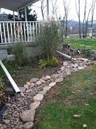 River Stone Catching Rain Pulling It Away From The Foundation And Aesthetically Pleasing Hardscape Backyard Backyard Water Feature Fountains Backyard