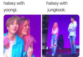 The singer confirmed that she is collaborating with the bts member for a song . Halsey With Halsey With Yoongi Jungkook Hahhahahahahaaa Jungkook Meme On Me Me