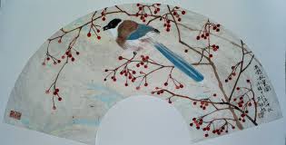 灰鵲秋實圖31x61cm 2o12 混合技法 水墨設色 扇形紙本 art painting tableware