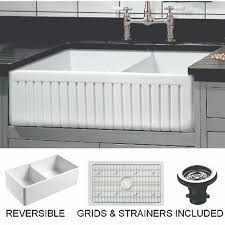 White 30 contemporary smooth fireclay farmhouse kitchen sink alfi brand fireclay farm sinks are a throwback to a simpler time. Sutton Place Farmhouse Fireclay 33 Double Bowl Kitchen Sink With Grid And Strainer In White Walmart Com Walmart Com