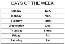 abbreviations for days of the week months in a year esl