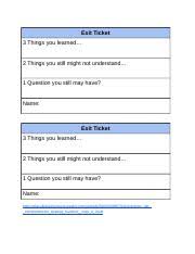 Connect these to new thinking after some exposure and research. Exit 321 Exit Ticket 3 Things You Learned U2026 2 Things You Still Might Not Understand 1 Question You Still May Have Name Exit Ticket 3 Things You Course Hero