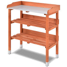This potting bench is a very cute addition to your outdoor area. Outdoor Garden Wood Potting Bench Storage Shelf With Metal Top Lawn Monsters