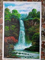 Jom kita tenangkan fikiran dan tengok dahulu video youtube yang bertajuk cara menggambar dan mewarnai pemandangan air terjun dan rumah dengan gradasi warna oil pastel ini. Jual Lukisan Pemandangan Air Terjun Di Lapak Pitoyo Bukalapak