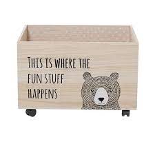 It is made from wood and steel. Bloomingville Mini Wooden Storage Box On Wheels Fun Stuff Bear Natural Storage Box On Wheels Wooden Storage Boxes Wooden Storage