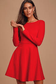 4 colors added to your favorites! Cute Red Dress Long Sleeve Dress Skater Dress 57 00 Lulus