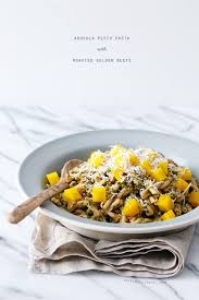 Arugula Pesto Pasta With Roasted Golden Beets Love And Olive Oil Recipe Arugula Pesto Food Roasted Golden Beets