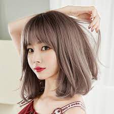 Synthetic Bob Wig Shoulder Length Cute Style Smoke Pink Color Etsy Shoulder Length Hair With Bangs Wigs With Bangs Wigs