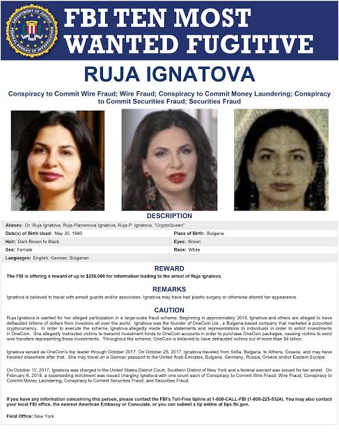 Ruja Ignatova’s FBI most wanted poster