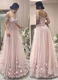 Stylish A Line Off Shoulder Pink Tulle Long Prom Evening Dress With Appliques P490 Pink Prom Dresses Prom Dresses Lace Evening Dresses Prom