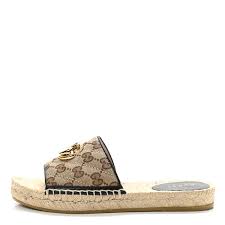 Gucci Monogram Matelasse Diagonal Gg Marmont Espadrille Slide Sandals 35 Beige Black 960372 Fashionphile