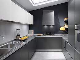 All in one kitchen set in grey color Gray Color Modular Kitchen Italian Kitchen Design Sleek Kitchen Design Sleek Kitchen