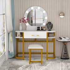 In film industry, this mirror is one thing must be. Everly Quinn Gold And White Vanity Table Set With Lighted Mirror Cushion Stool Makeup Table Vanity Dressing Table With Drawer Storage Shelves For Women Dresser Desk For Bedroom Home Make Up Wedding