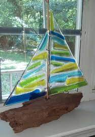 Fused Glass And Driftwood Sailboat Fused Glass Fused Glass Ornaments Fused Glass Art