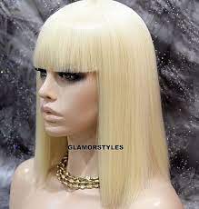 Human Hair Blend Bob Straight Bangs Bleach Blonde Full Wig Hair Piece 613 Nwt Ebay Human Hair Wigs Blonde Wigs Hair Piece