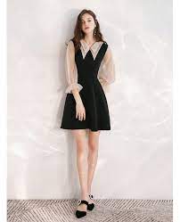 For dresses with sleeves, stitch the lining to the dress directly over the matched seams. Simple A Line Short Little Black Dress With Sheer Collar Sleeves Htx88026 Gemgrace Com