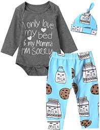 3pcs Outfit Set Baby Boy Funny Letter Print Milk And Cookies Bodysuit With Hat