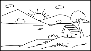 Black And White Beautiful Scenery Drawing How To Draw Sunrise Secenery Sunrise Scenery Drawing Landscape Step Scenery Drawing For Kids Art Drawings For Kids Sunrise Drawing