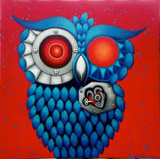 Cyborg Owl Original Painting On Canvas By Heather Dickens Pinned By Www Myowlbarn Com Whimsical Owl Original Paintings Canvas Painting