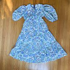 Ashley Vintage 70s Blue Floral Babydoll Puff Sleeve Tiered Ruffle Dress Luanne Vintage