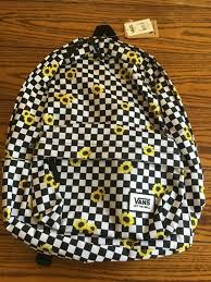 Black And White Checkered Vans With Sunflowers Vans Realm Sunflower Checkerboard Backpack Black White Squares Yellow Flowers Vans Backpack Mochilas Escuela Regalos