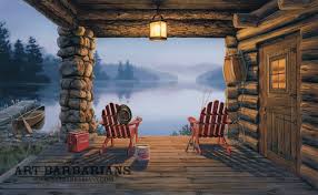 An autumn landscape painting featuring a log cabin in the woods. Wildlife Art Prints Plus Original Paintings With A Wide Selection From Artbarbarians Com Located In Minnesota