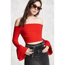 Forever21 Off The Shoulder Crop Top 15 Liked On Polyvore Featuring Tops Red Long Sleeve Vintage Dresses Lace Dress With Sleeves Black Bell Sleeve Dress