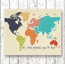 World Map Artwork Oh The Places You 39 Ll Go Dr Seuss Family Room Playroom Art Kids Art Navy Blue Orange Yello World Map Wall Art Art Wall Kids Playroom Art