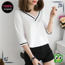 45cm, ld:128cm, pj:129cm) harga : Jual Murah Kaos T Shirt Wanita Model Lengan 3 4 Dengan Kerah V Neck Dan Jakarta Pusat Pickme Id Tokopedia