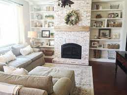 Awkward Living Room Amazing Awkward Living Room Layout With Corner Fireplace At Built In Shelves Living Room Farm House Living Room White Wash Brick Fireplace