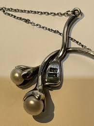 Vintage Sterling Silver Pearl Flower Drop Pendant Necklace Designer MWS