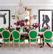 These streamlined seats with lean lines aren't overwhelming and tuck neatly under the table. Kelly Green French Round Back Chairs At Long Dining Table Contemporary Dining Room