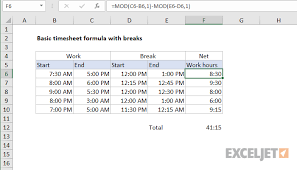 Excel Formula Basic Timesheet Formula With Breaks Exceljet