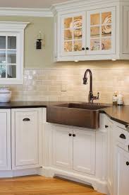 Kitchen Off White Subway Tile White Cabinets Minimalist Kitchen Design With Brown Countertop Farmhouse Sink Kitchen Kitchen Sink Decor Copper Farmhouse Sinks