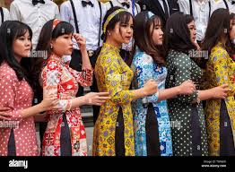 Vietnam, Red River Delta, Hanoi, Vietnamese high school girls in gala dress  Stock Photo - Alamy